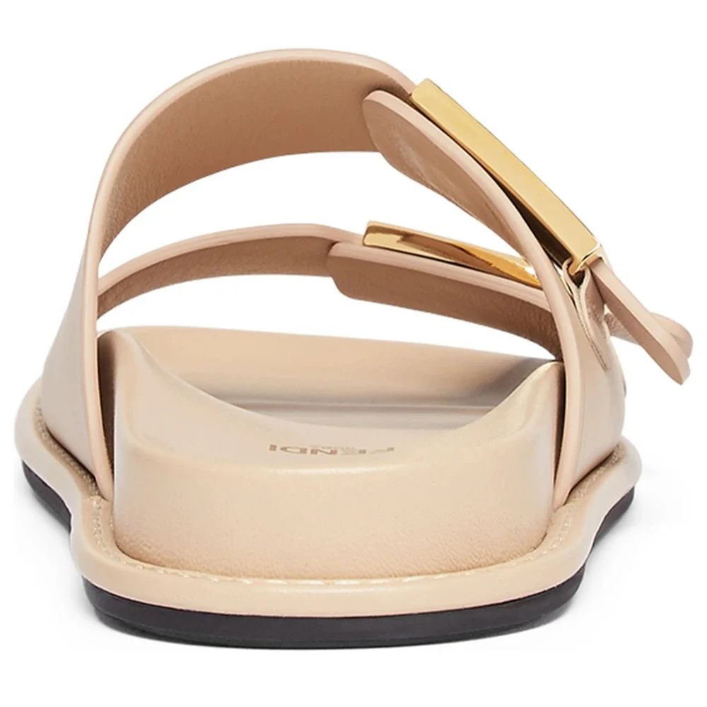 Fendi Feel Dual Strap Beige Leather Gold Logo Buckle Mule Flat Sandal Slide 39.5